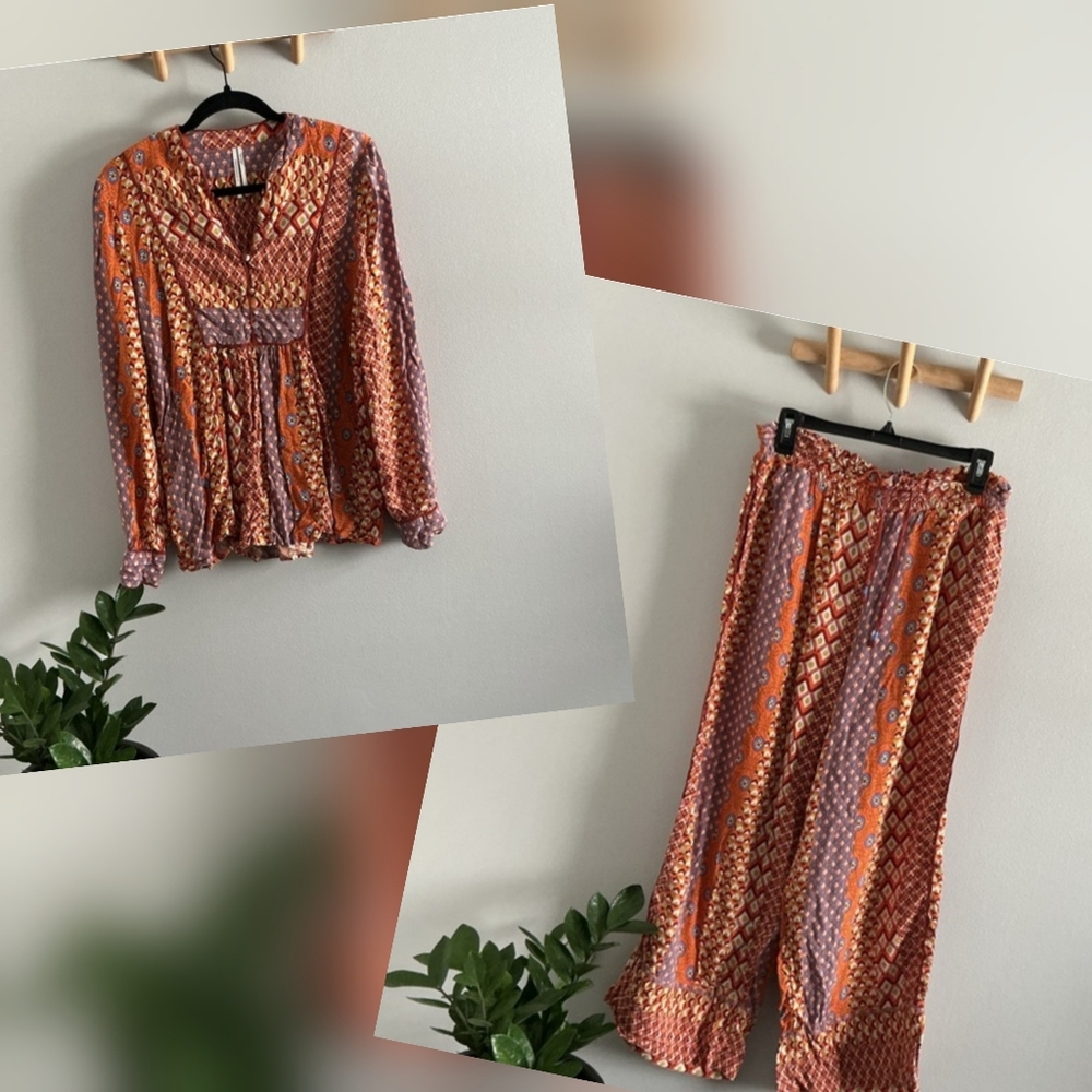 Anthropologie Boho Print 2 Piece Pajama Set Top Pants Size L